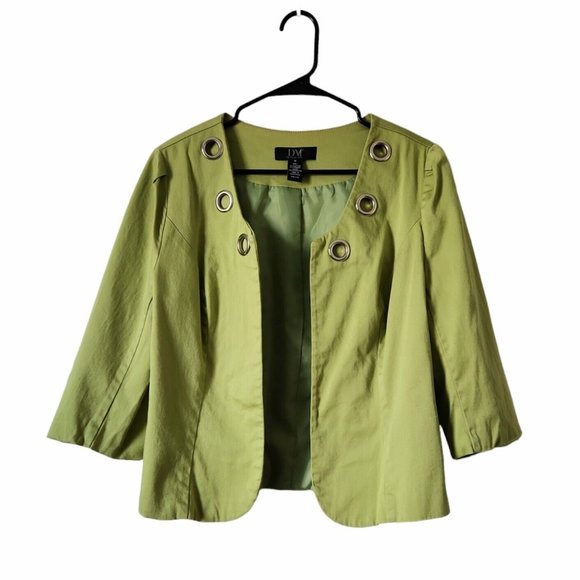 DM Donna Moore Jacket Blazer Size Medium Green Silver Grommets 3/4 Sleeves Lined - Picture 1 of 13